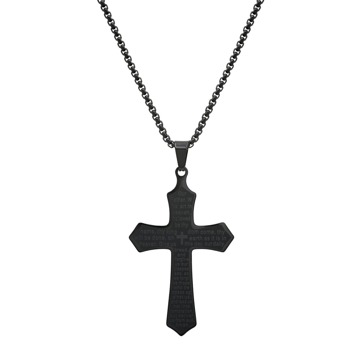Men’s Stainless Steel Lord’s Prayer Cross Necklace – Engraved Pendant with Box Chain