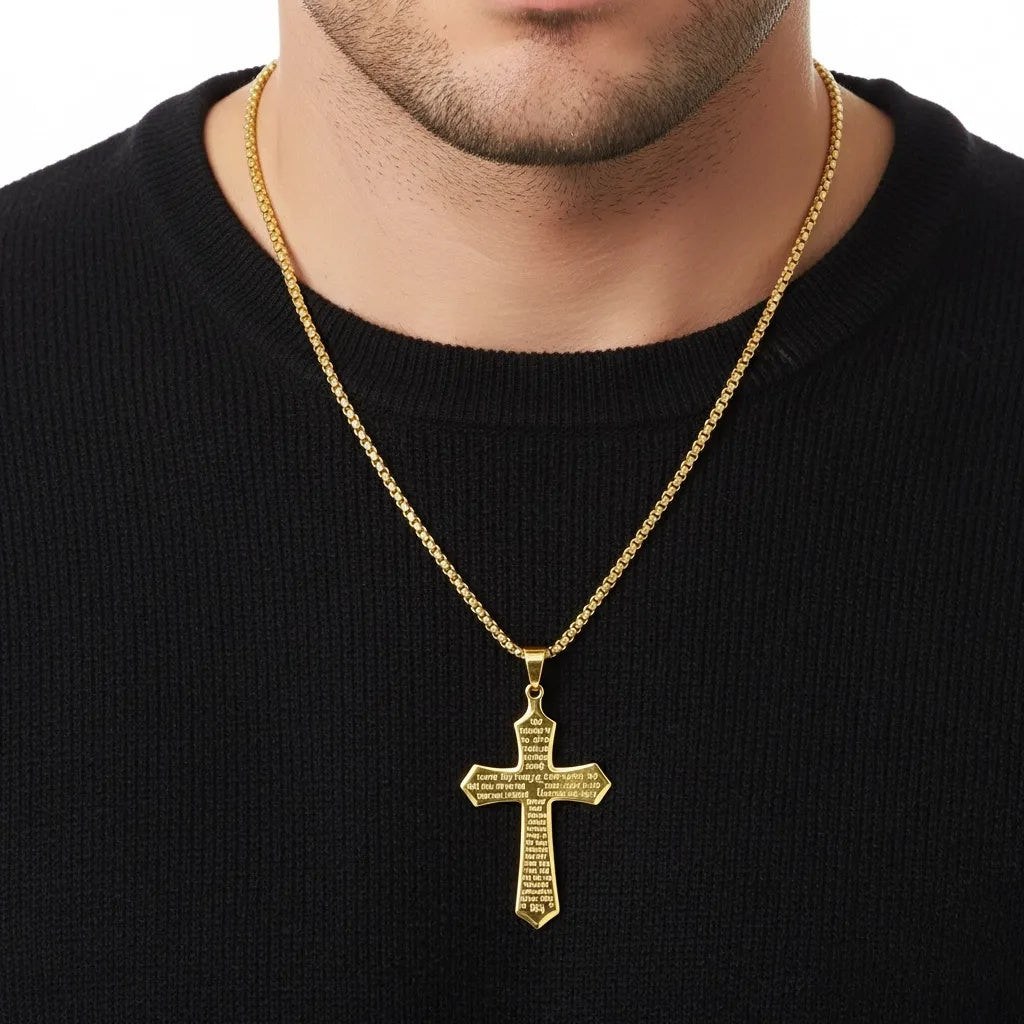 Men’s Stainless Steel Lord’s Prayer Cross Necklace – Engraved Pendant with Box Chain