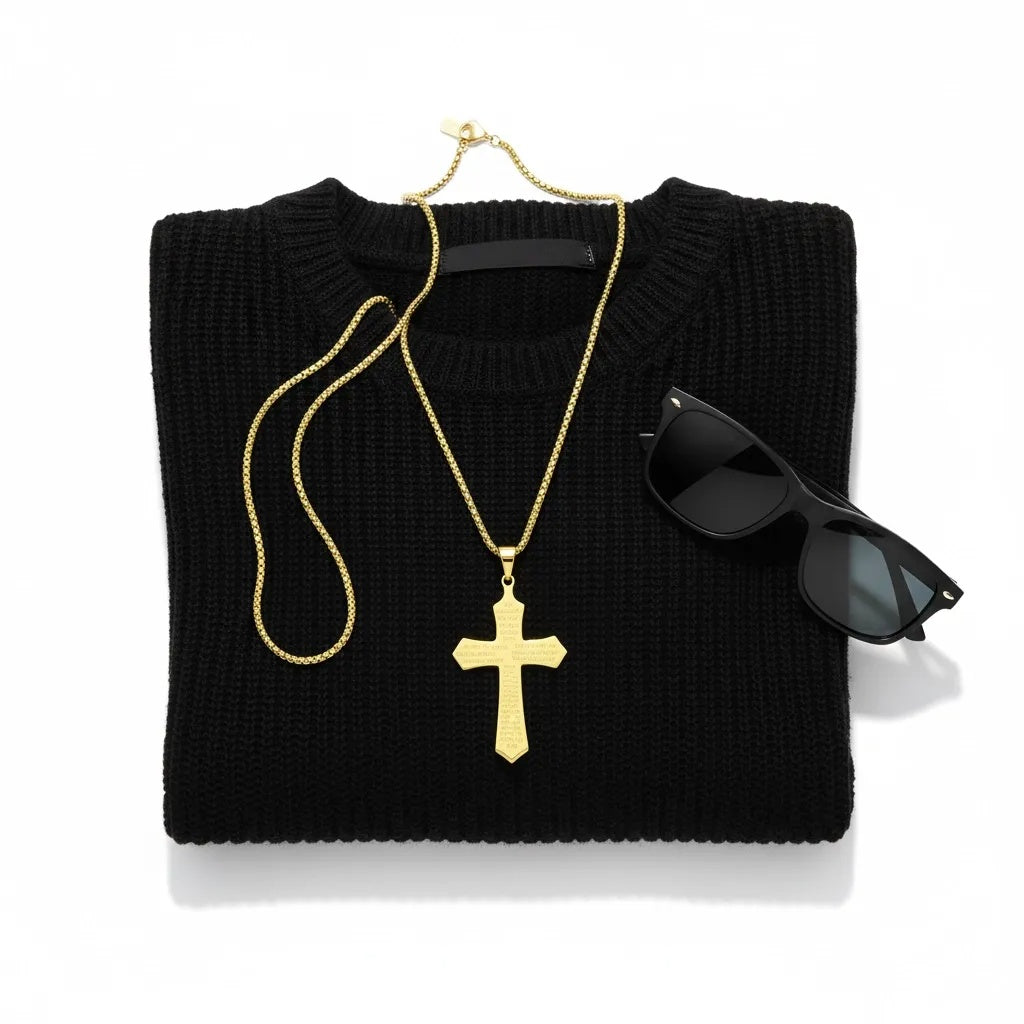 Men’s Stainless Steel Lord’s Prayer Cross Necklace – Engraved Pendant with Box Chain