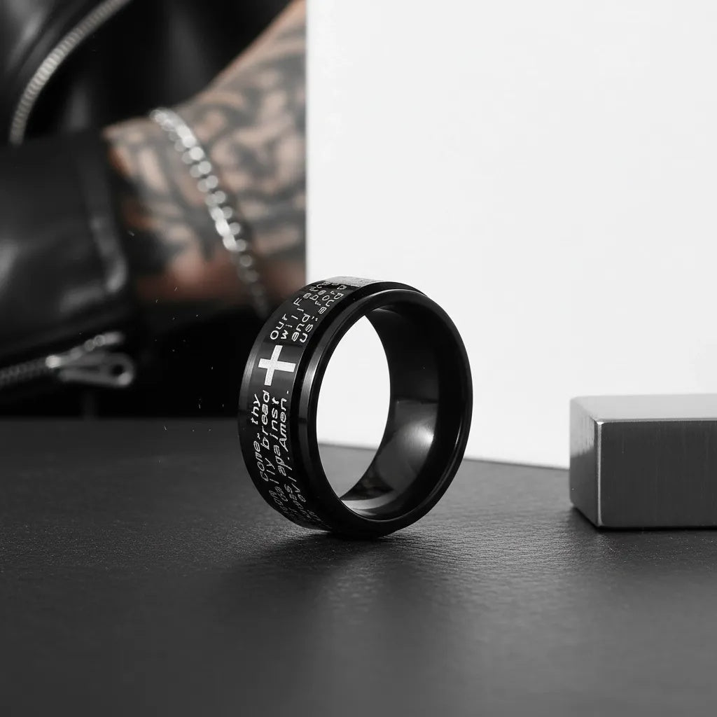 Stainless Steel Lord’s Prayer Spinner Ring with Cross Faith Fidget Band