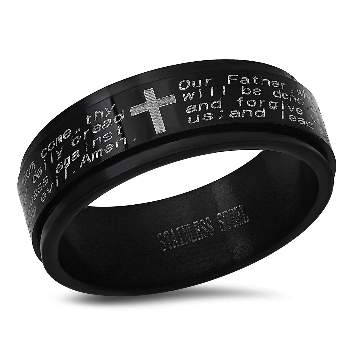 Stainless Steel Lord’s Prayer Spinner Ring with Cross Faith Fidget Band
