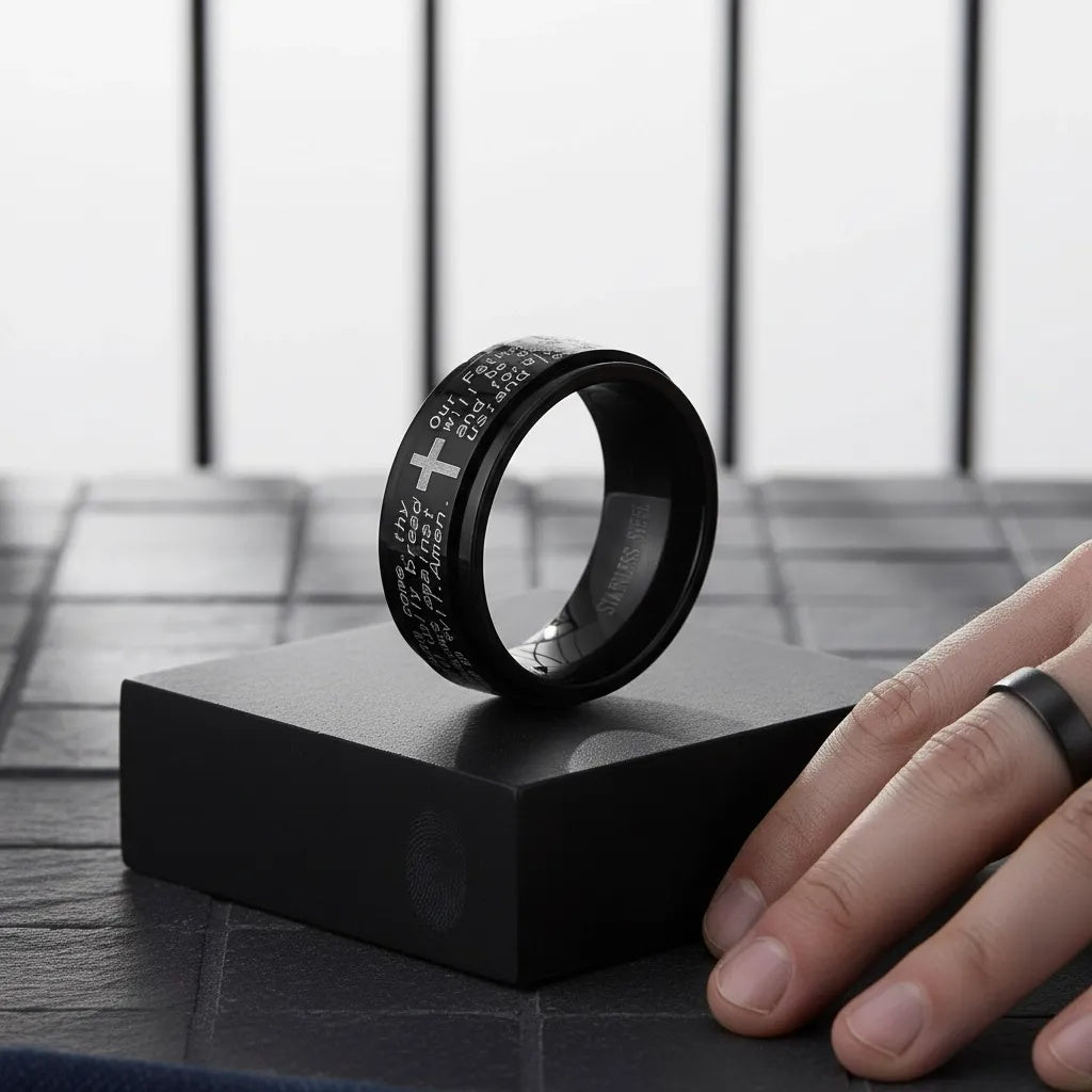 Stainless Steel Lord’s Prayer Spinner Ring with Cross Faith Fidget Band