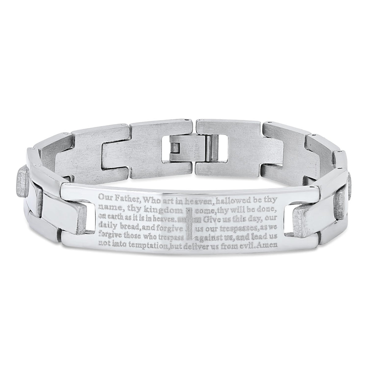 Stainless Steel Lord’s Prayer Bracelet – Engraved Faith Link Bracelet with Secure Clasp – Available in Silver, 18K Gold, or Black Stainless Steel