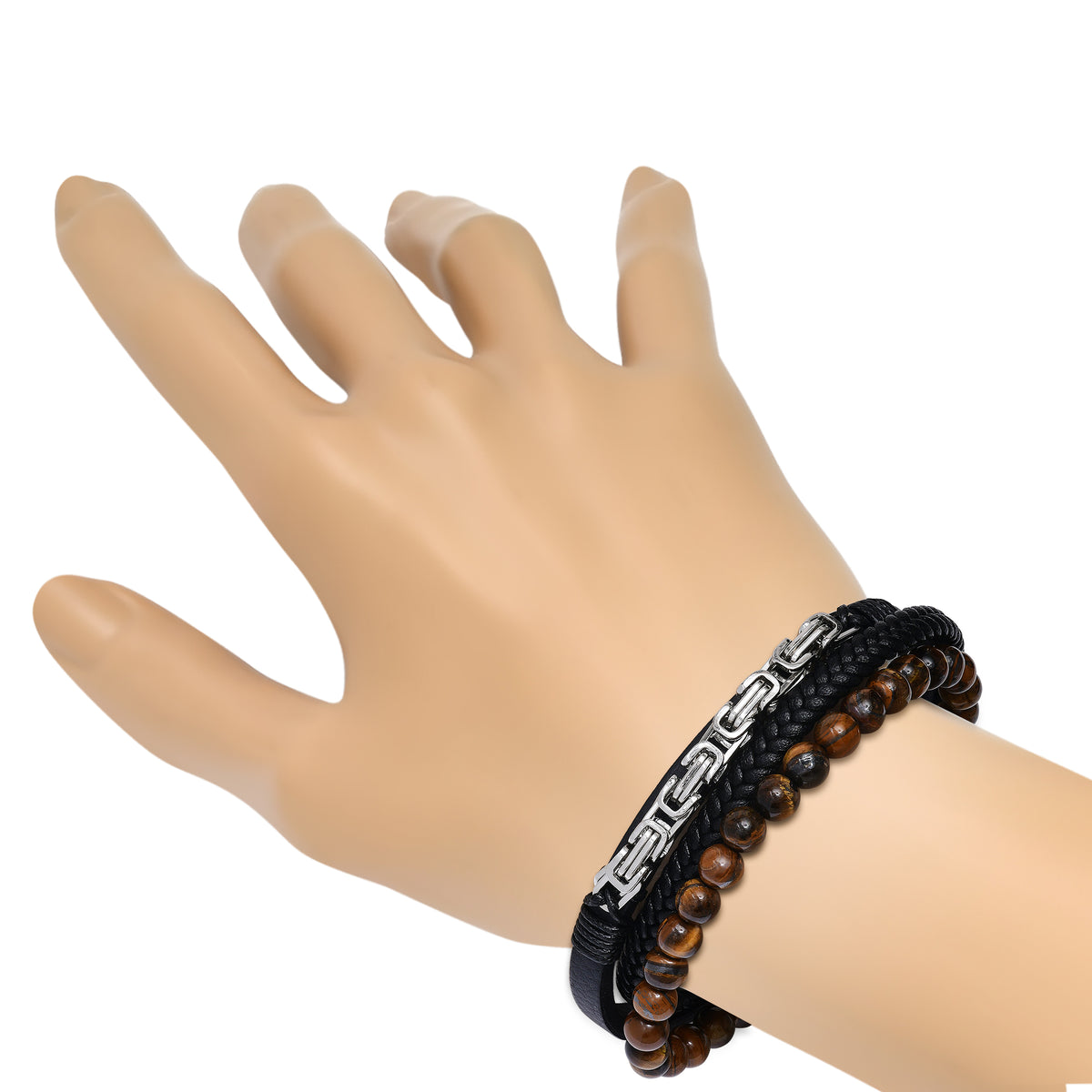 Stainless Steel and Leather Multi Strand Bracelet with Tiger’s Eye Beads