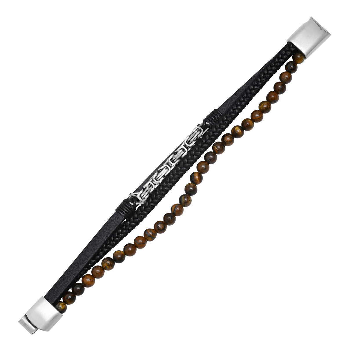 Stainless Steel and Leather Multi Strand Bracelet with Tiger’s Eye Beads
