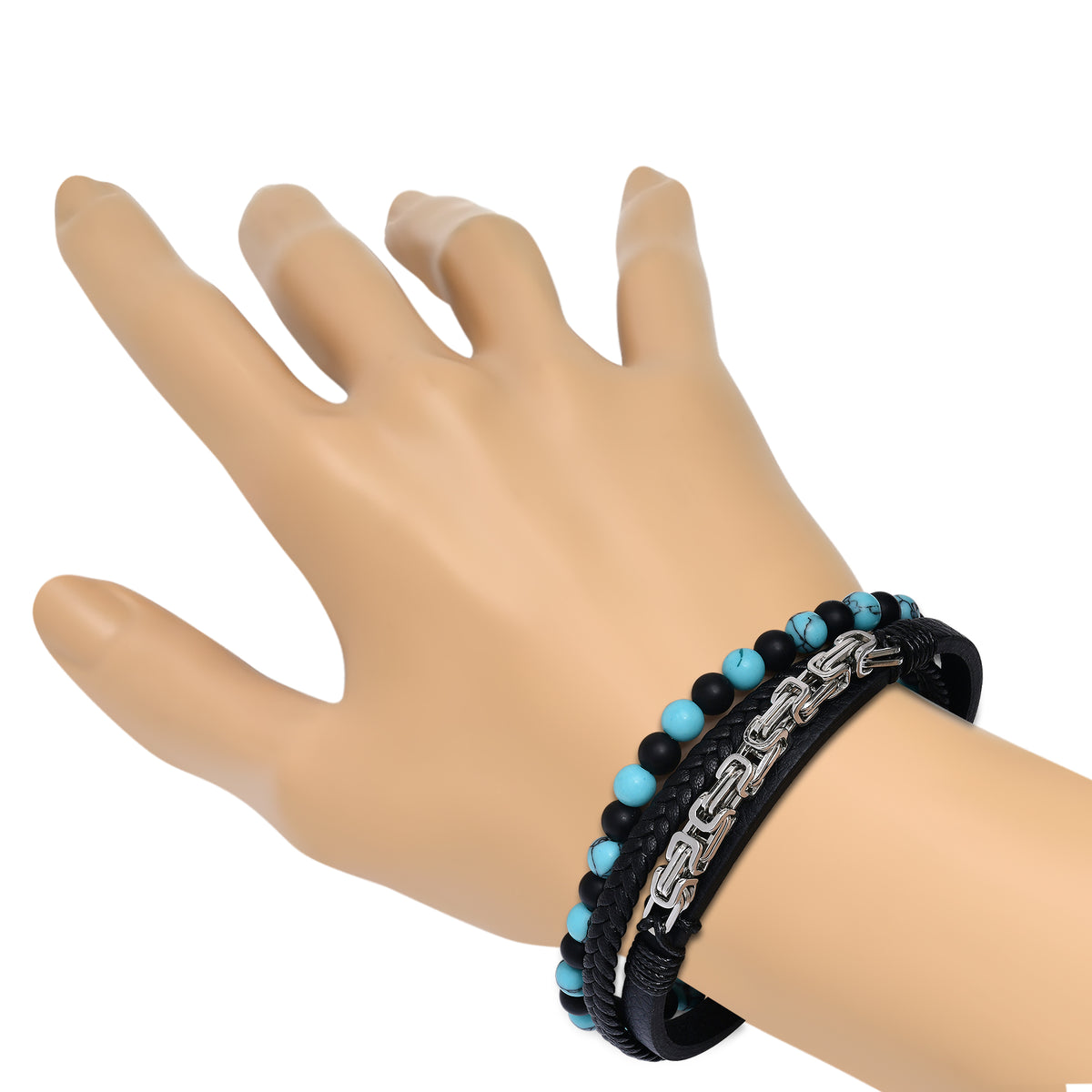 Stainless Steel and Leather Multi Strand Bracelet with Turquoise and Black Beads