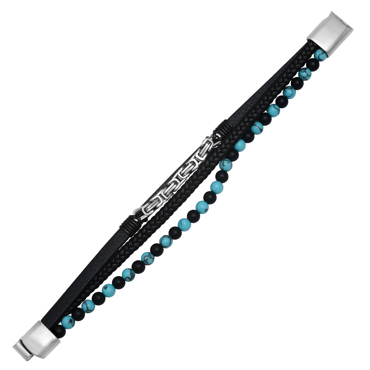 Stainless Steel and Leather Multi Strand Bracelet with Turquoise and Black Beads