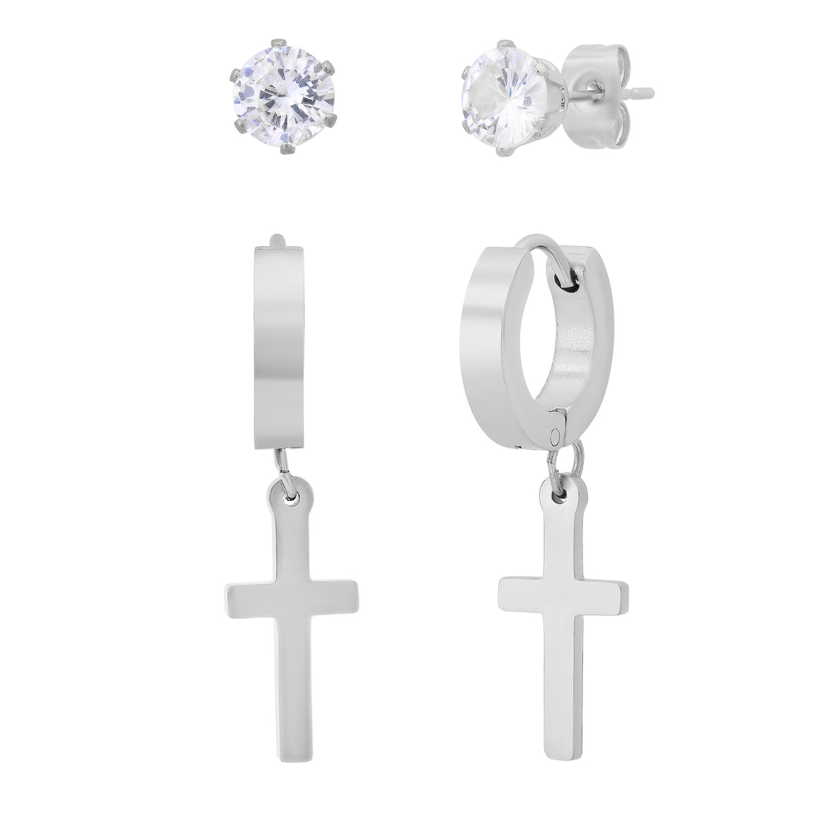Cross & Stud Earring Set with Round CZ Studs