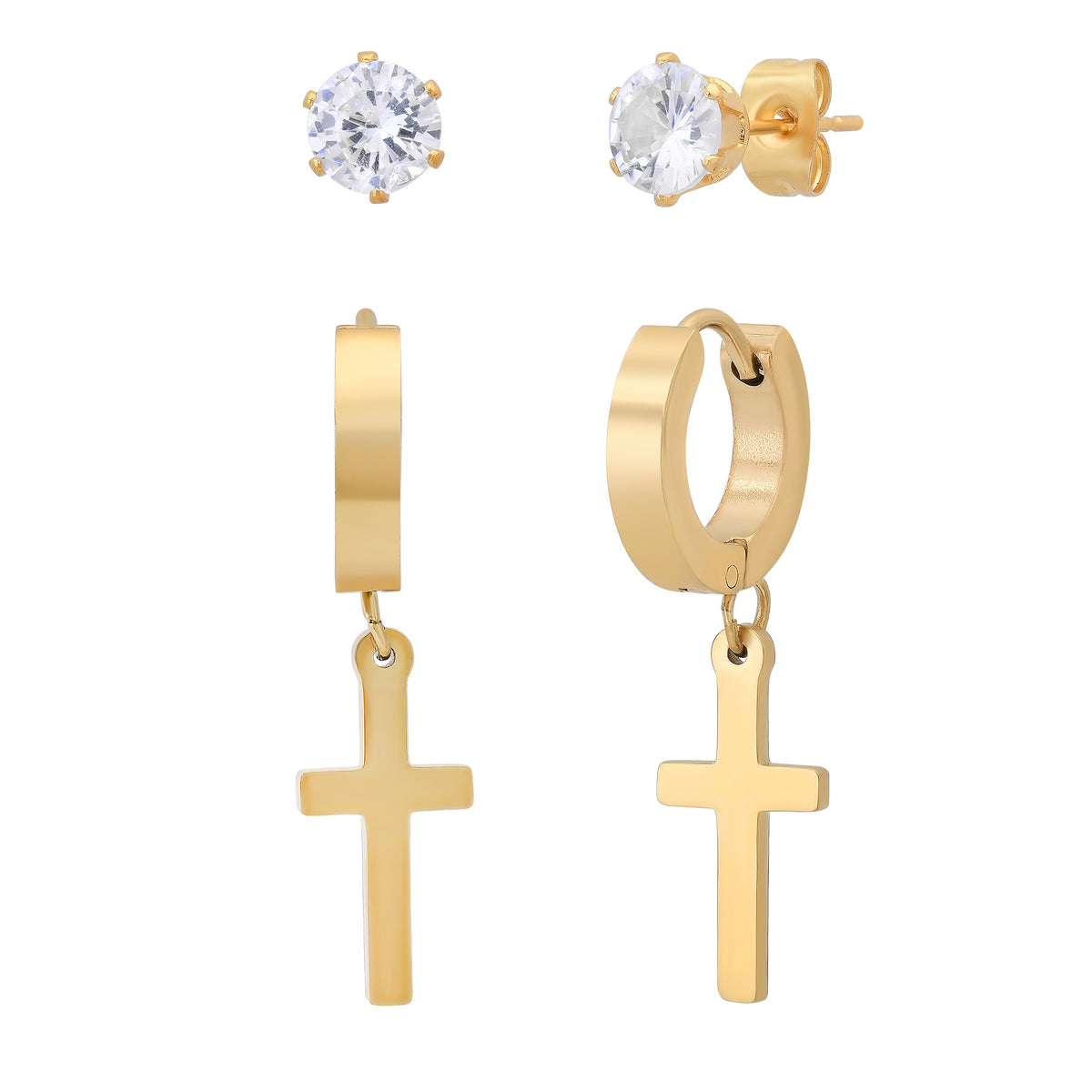 Cross & Stud Earring Set with Round CZ Studs