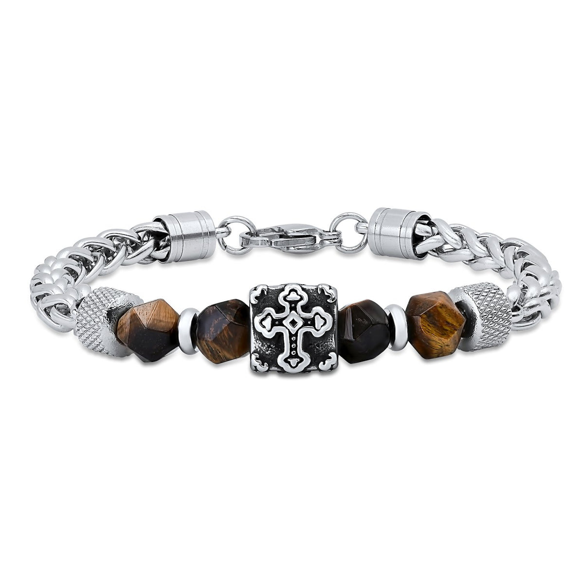 Stainless Steel Cross Bead Bracelet with Tiger’s Eye Stones