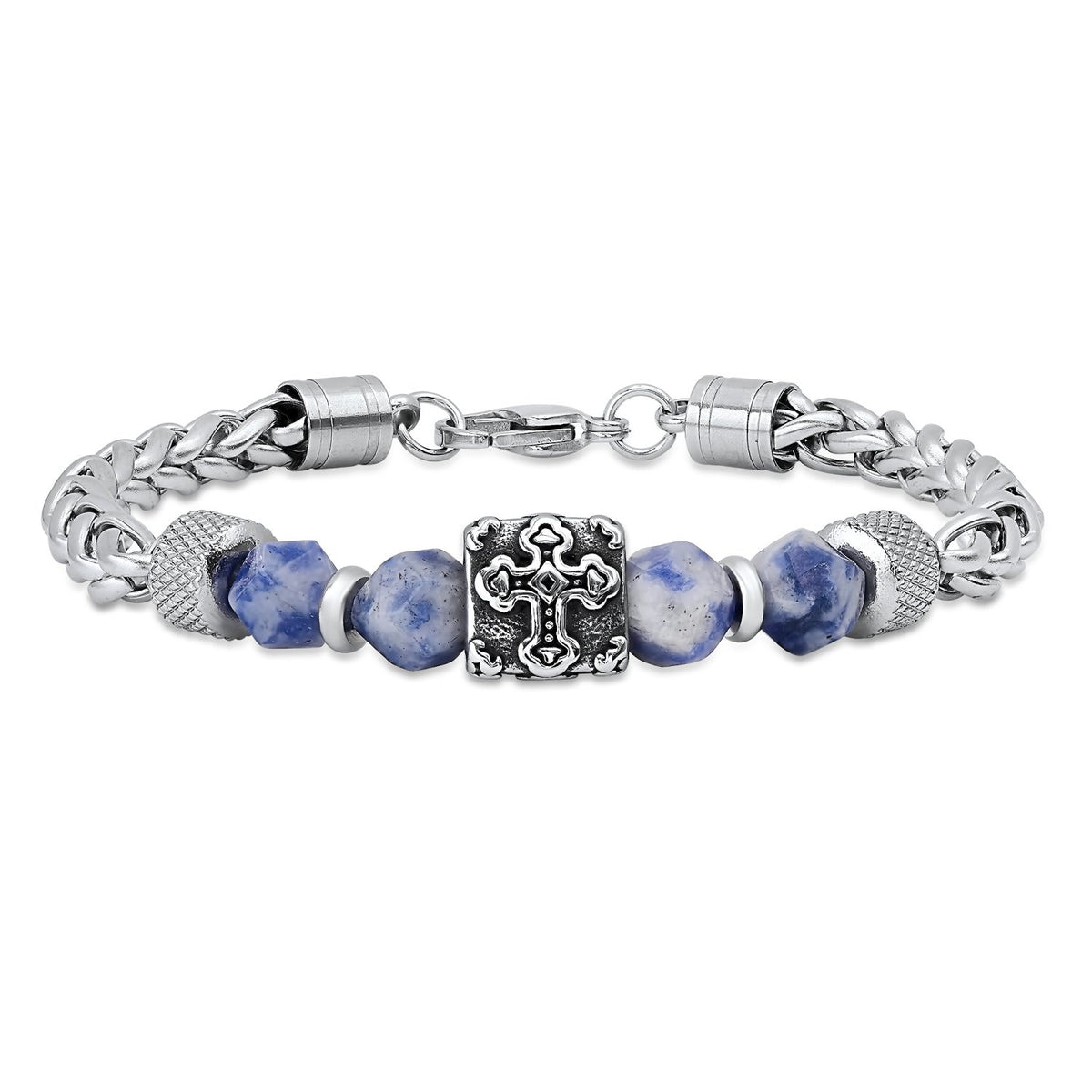 Stainless Steel Cross Bead Bracelet with Blue Stone Beads