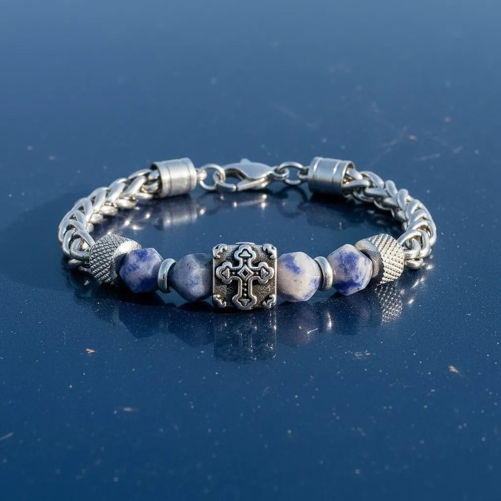 Stainless Steel Cross Bead Bracelet with Blue Stone Beads
