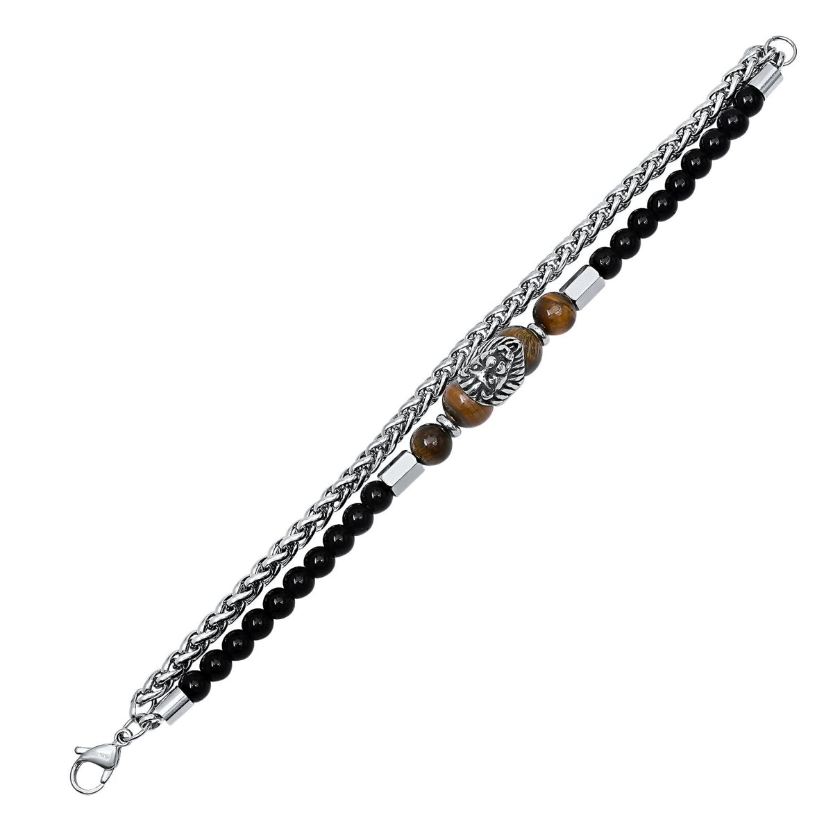 Stainless Steel Lion Bead Bracelet with Tiger’s Eye and Black Beads
