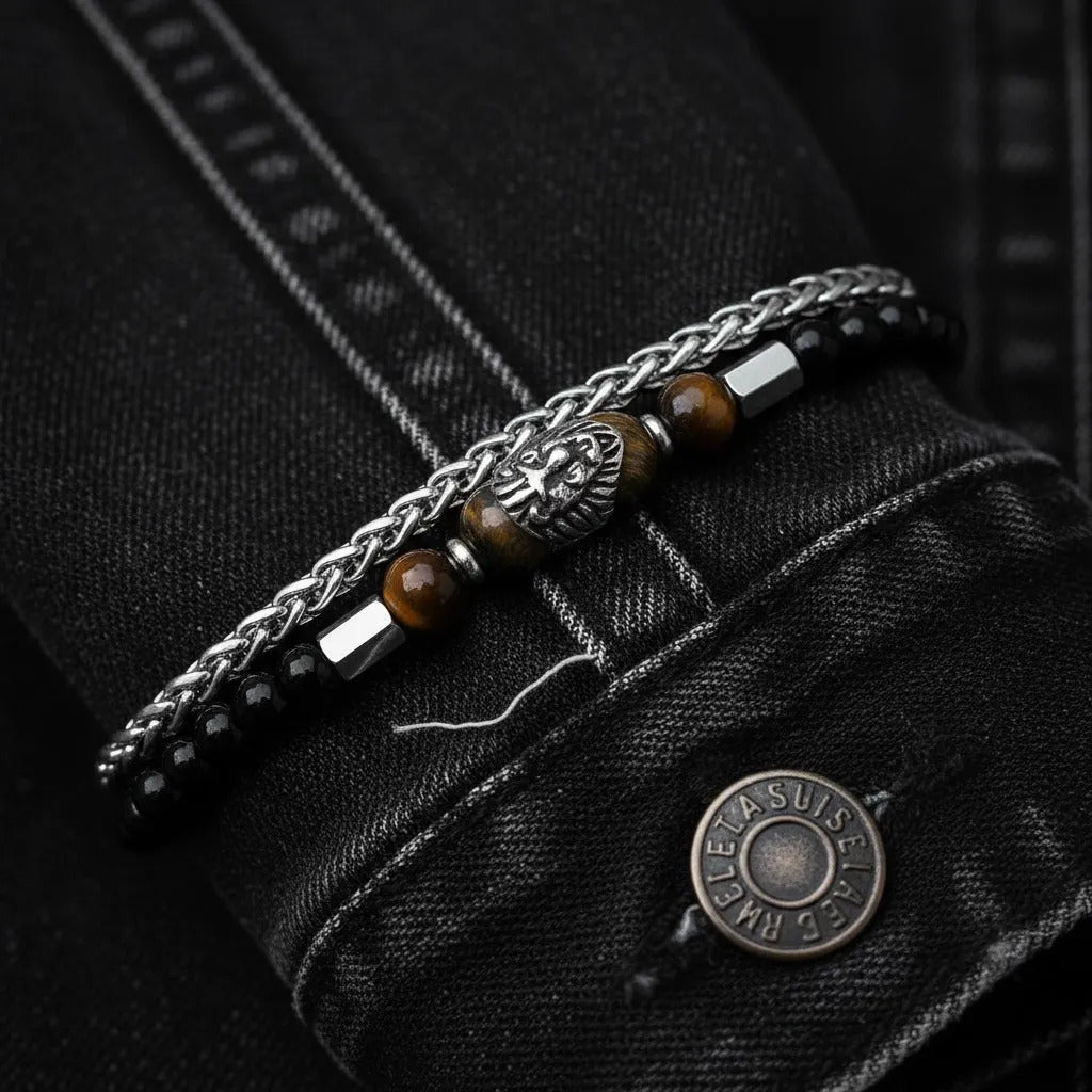Stainless Steel Lion Bead Bracelet with Tiger’s Eye and Black Beads