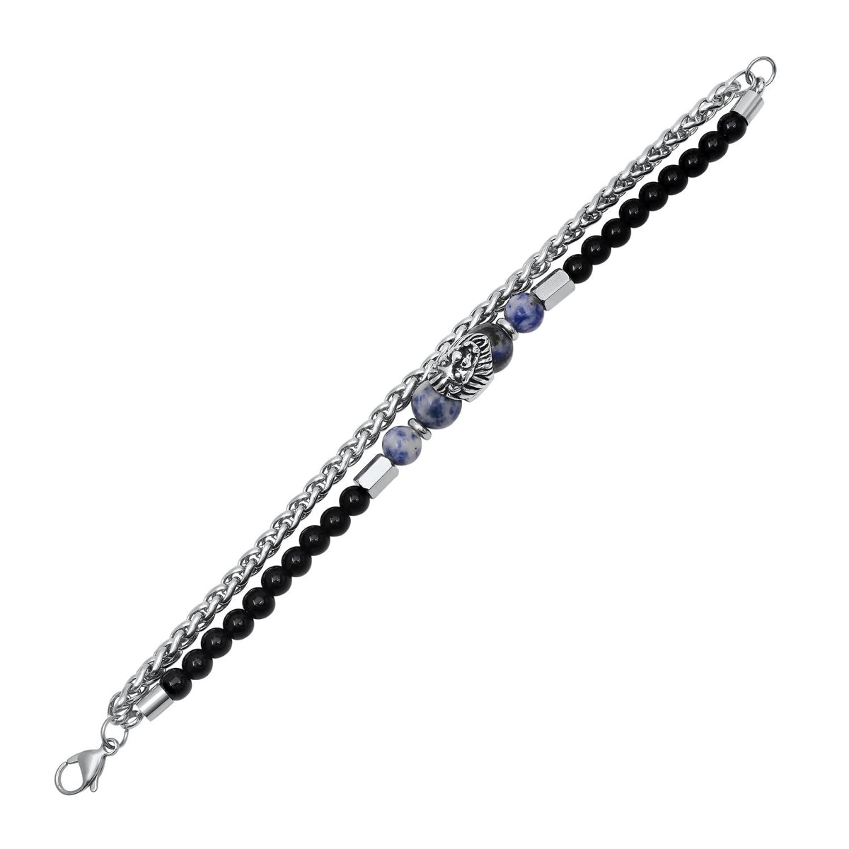 Stainless Steel Lion Bead Bracelet with Blue Stone and Black Beads