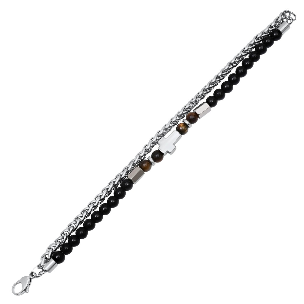 Stainless Steel Cross Bead Bracelet with Tiger’s Eye and Black Beads