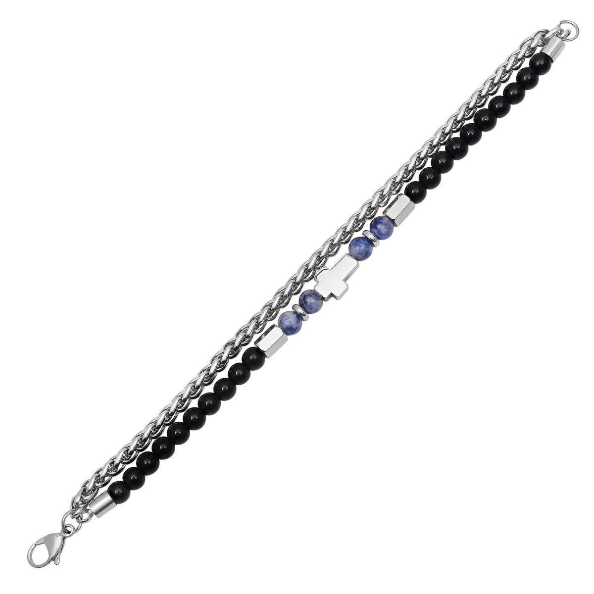 Stainless Steel Cross Bead Bracelet with Blue Stone and Black Beads