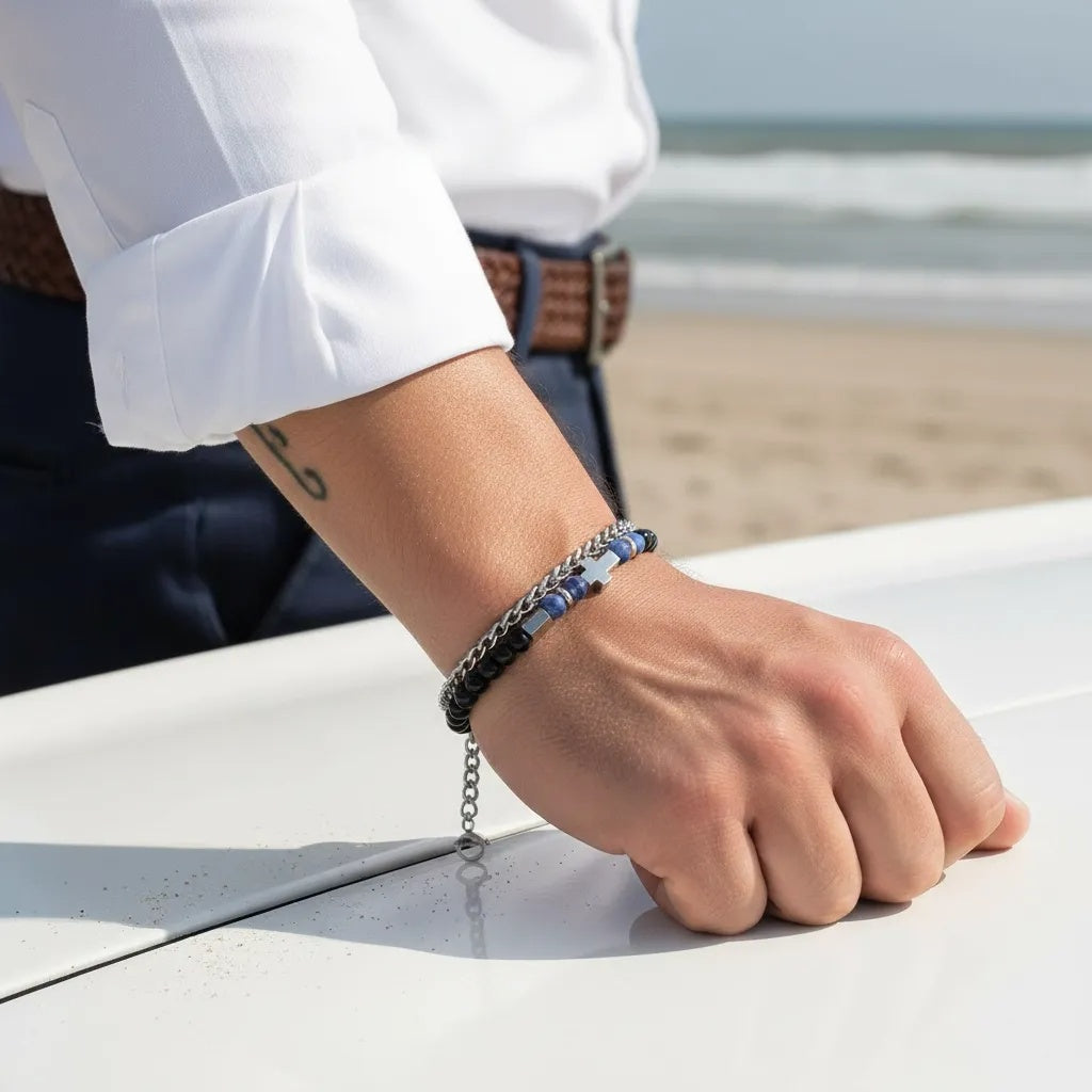 Stainless Steel Cross Bead Bracelet with Blue Stone and Black Beads