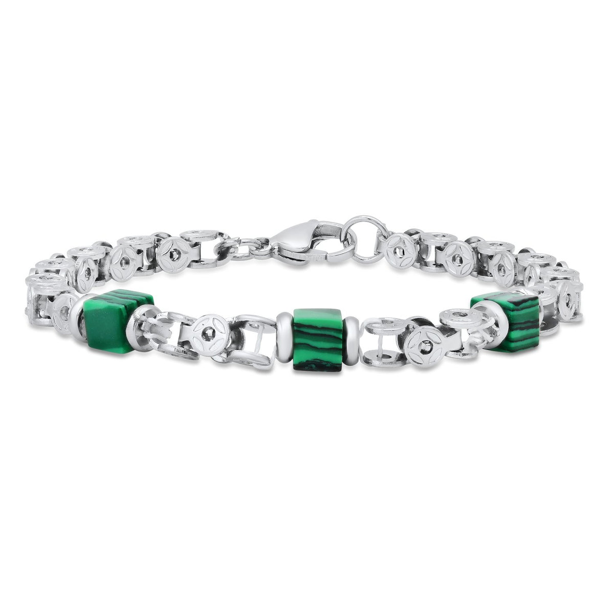 Stainless Steel Polished Link Bracelet with Cube Stone Accents