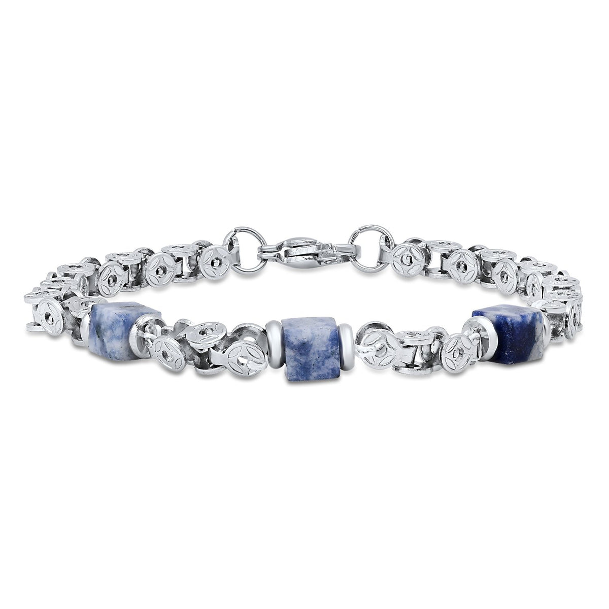 Stainless Steel Polished Link Bracelet with Cube Stone Accents