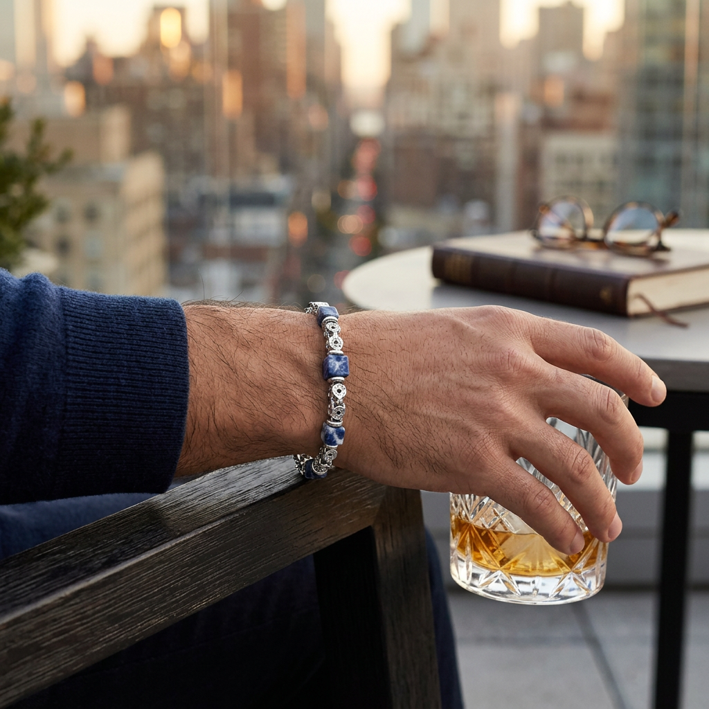 Stainless Steel Polished Link Bracelet with Cube Stone Accents