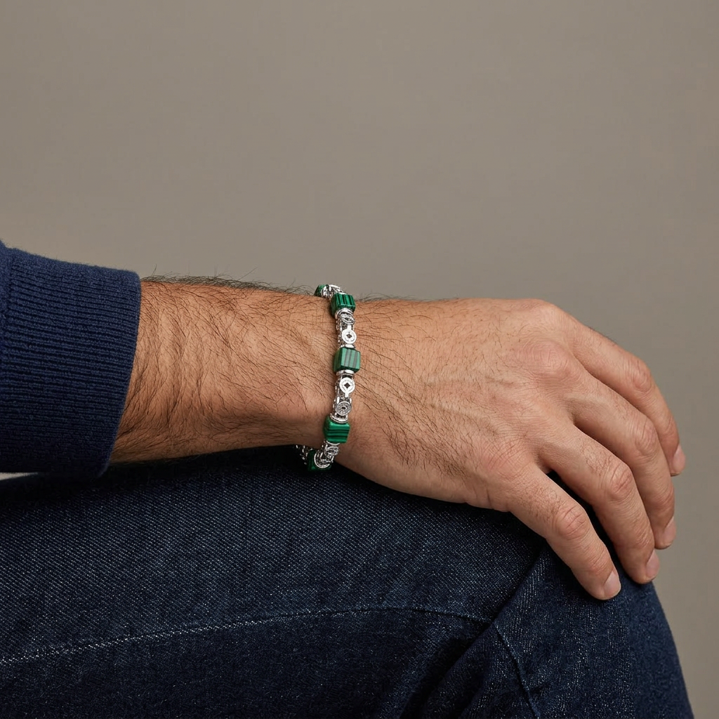 Stainless Steel Polished Link Bracelet with Cube Stone Accents
