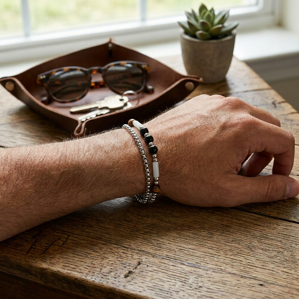Stainless Steel Silver Tone Link Bracelet with Tiger's Eye