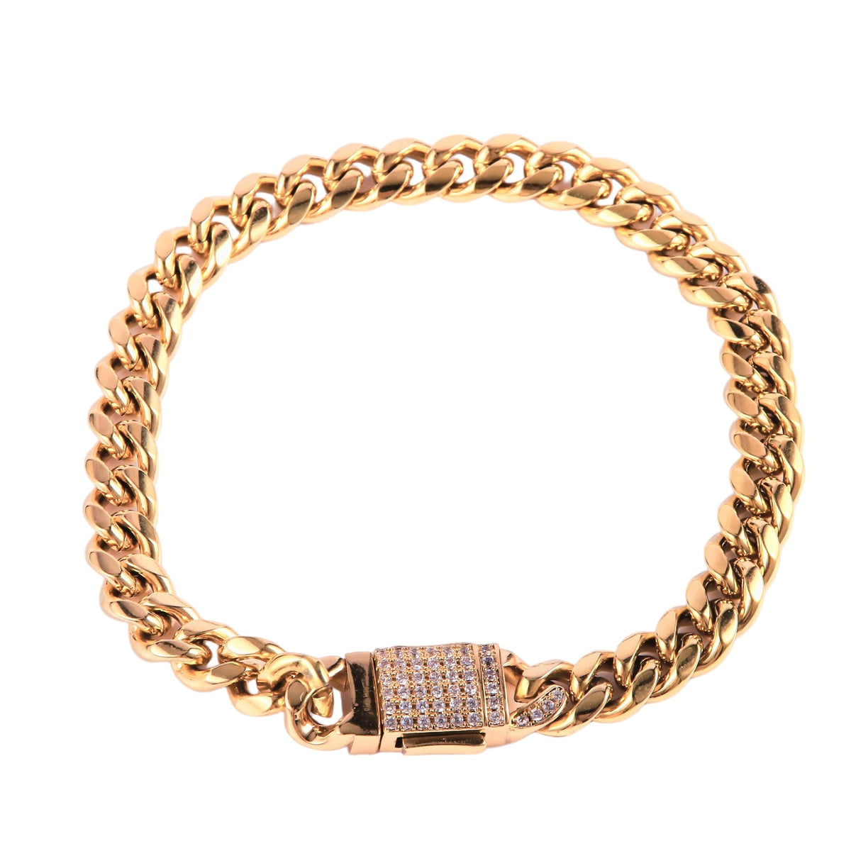 7MM 18K Gold Plated Cuban Link Chain Bracelet with Clear Cubic Zirconia Clasp