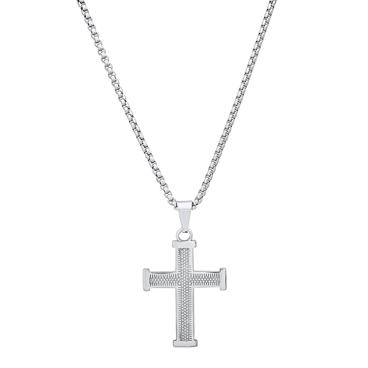 Men's Textured Silver Cross Box Chain Necklace