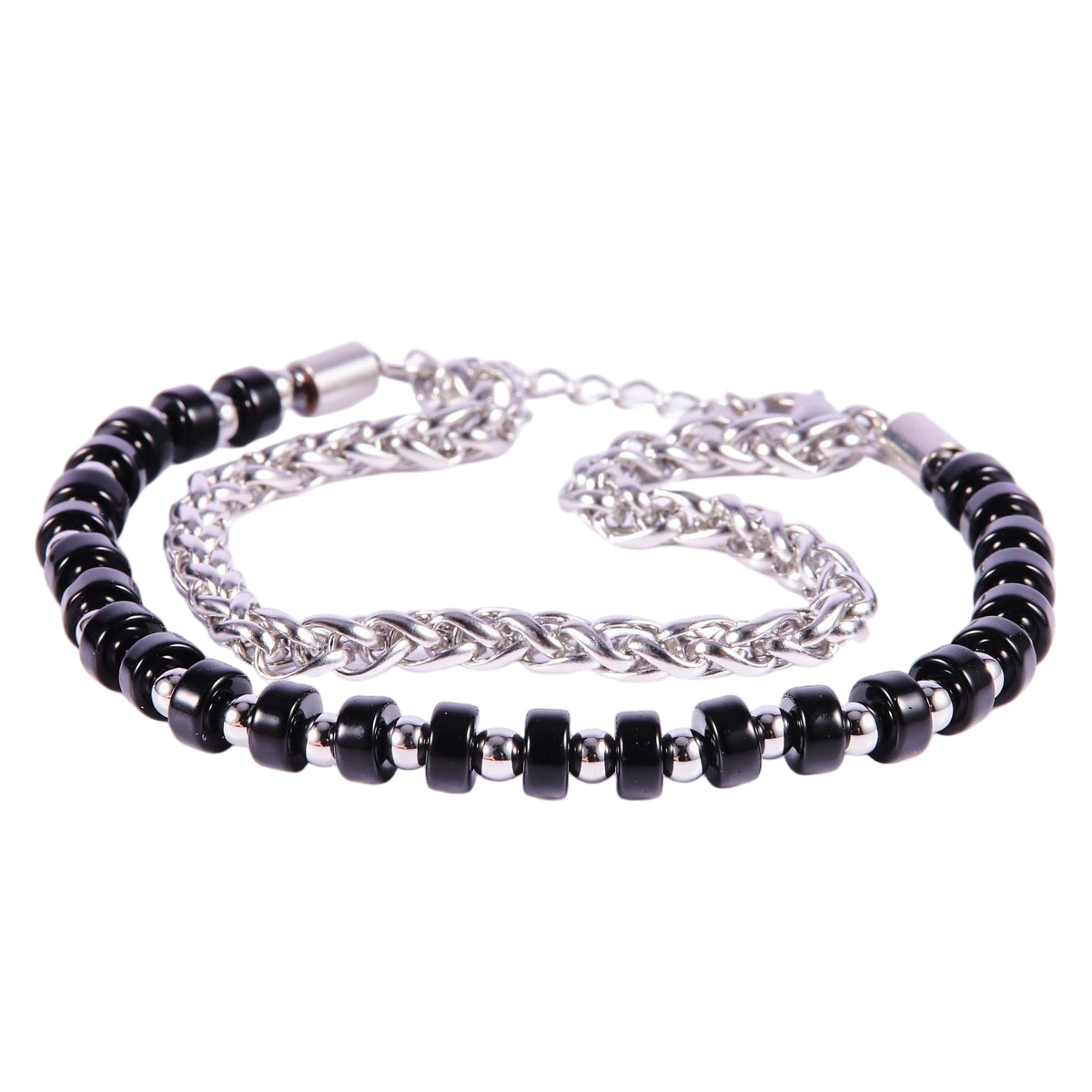 Stainless Steel Silver Tone Dual Layer Black Bead Curb Chain Bracelet