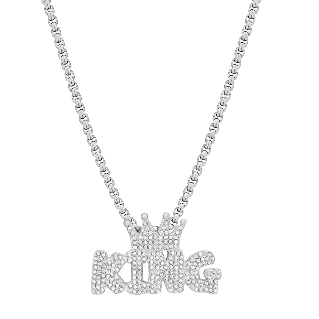 KING Pendant Iced Out Crown Chain Necklace Silver