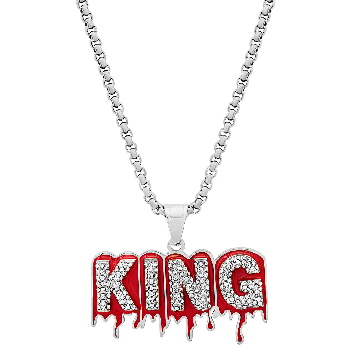 KING Pendant Iced Out Chain Necklace Silver & Red