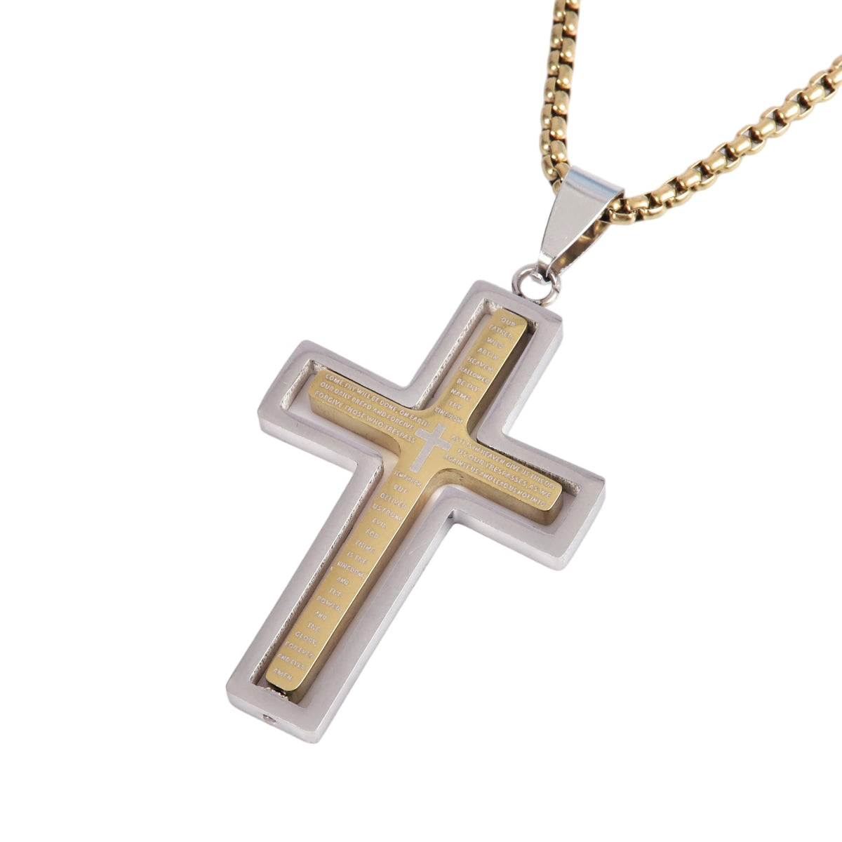 Two-Tone Lords Prayer Rotating Cross Necklace