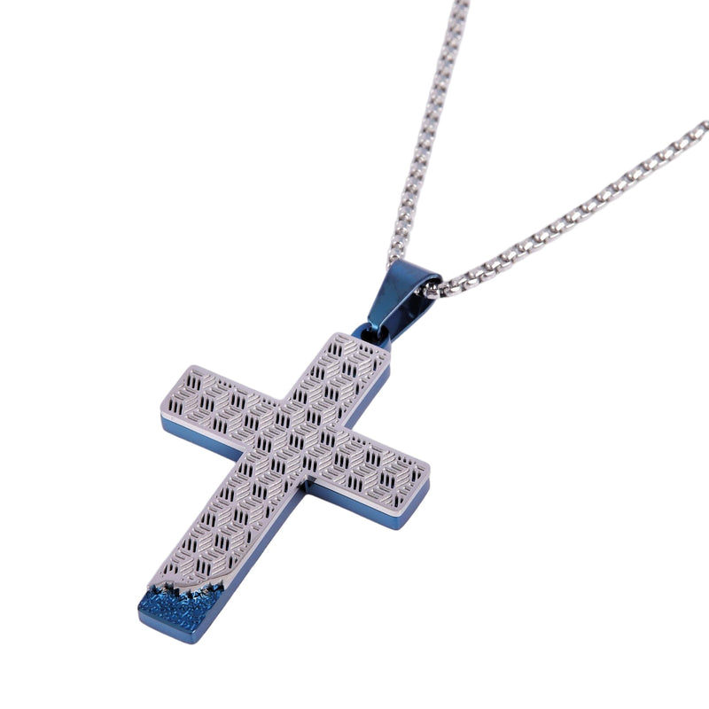 Geometric Blue and Steel Cross Pendant