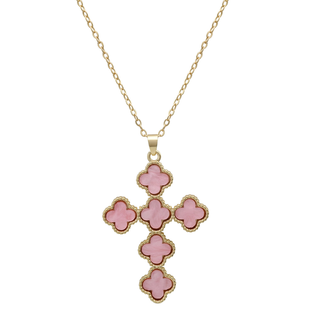 Gold Plated Pink Clover Cross Pendant