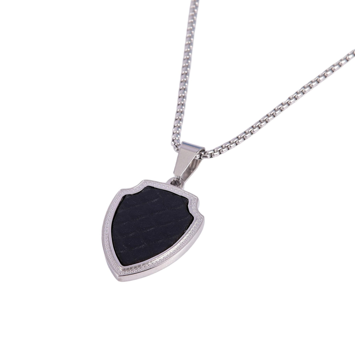 Stainless Steel Silver Tone Box Chain Necklace with Shield Pendant