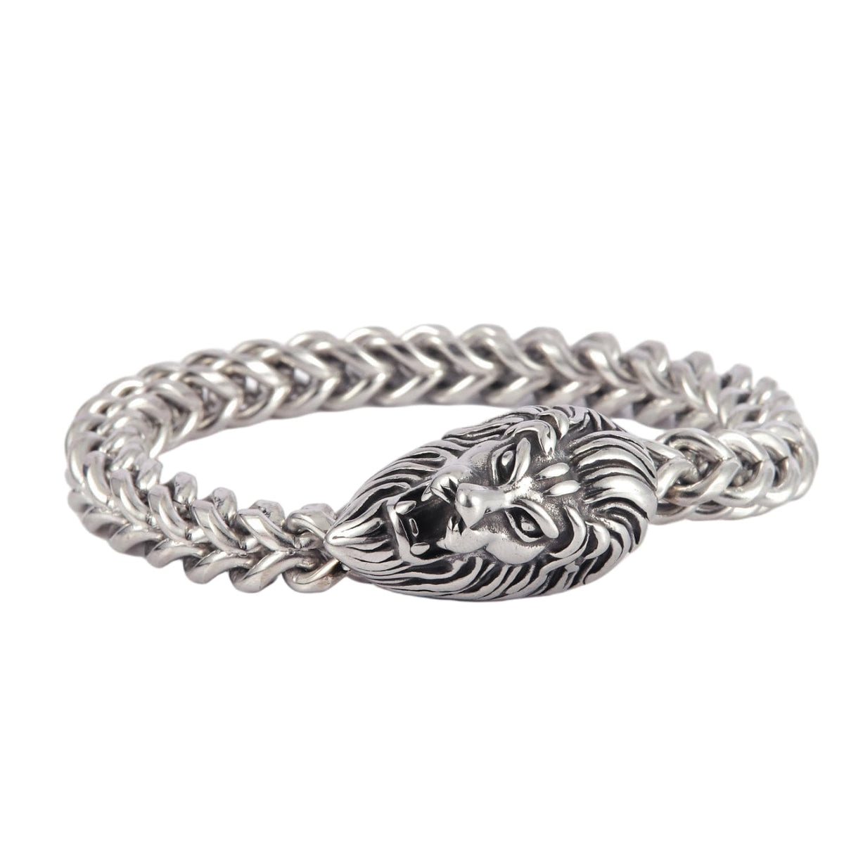Stainless Steel Silver Tone Double Lion Head Franco Chain Bracelet