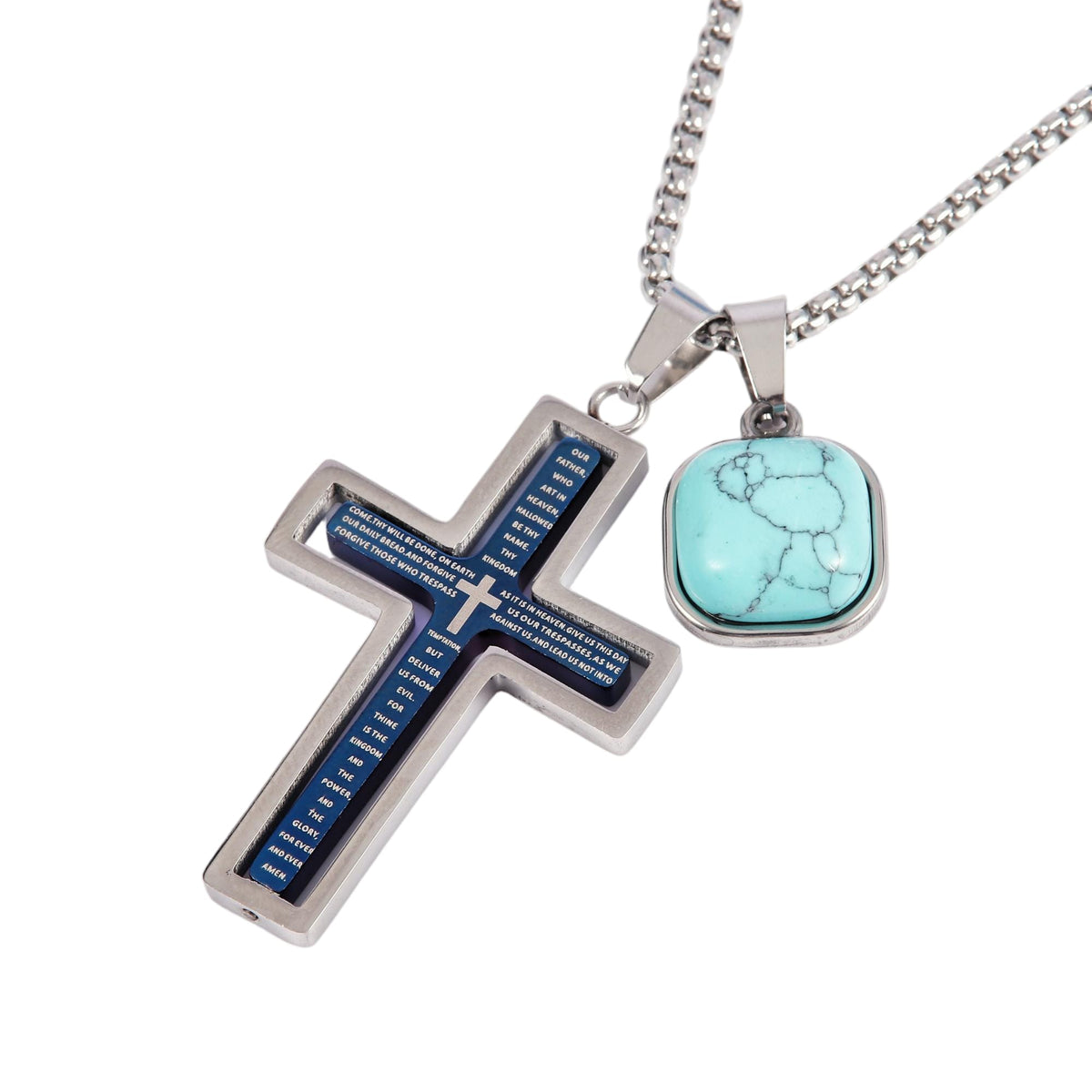 Rotating Lords Prayer Cross With Turquoise Necklace