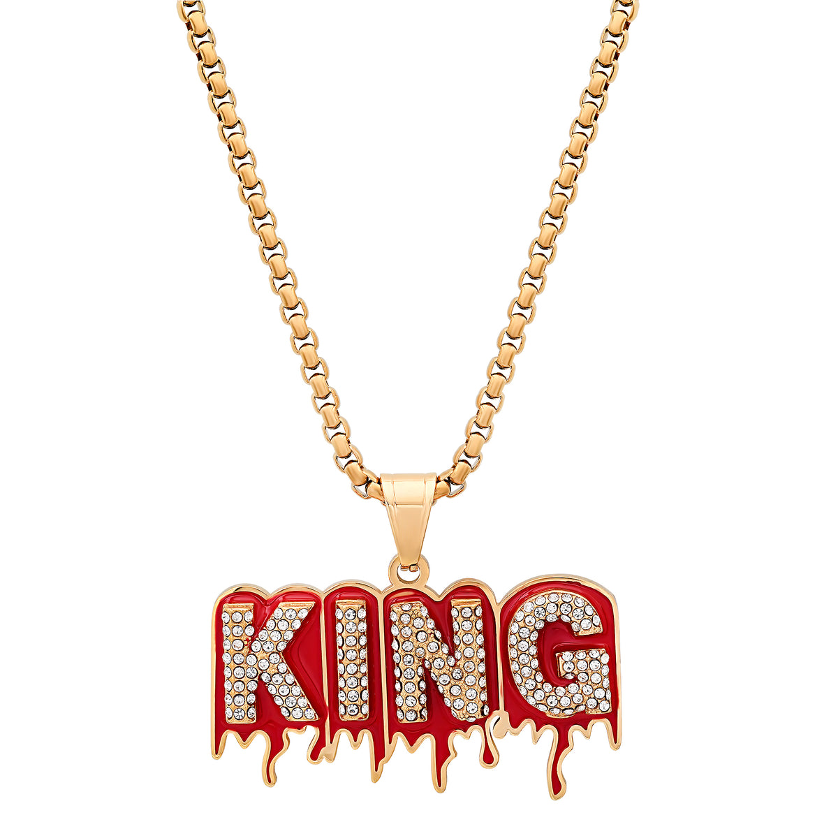 KING Pendant Iced Out Chain Necklace Gold & Red