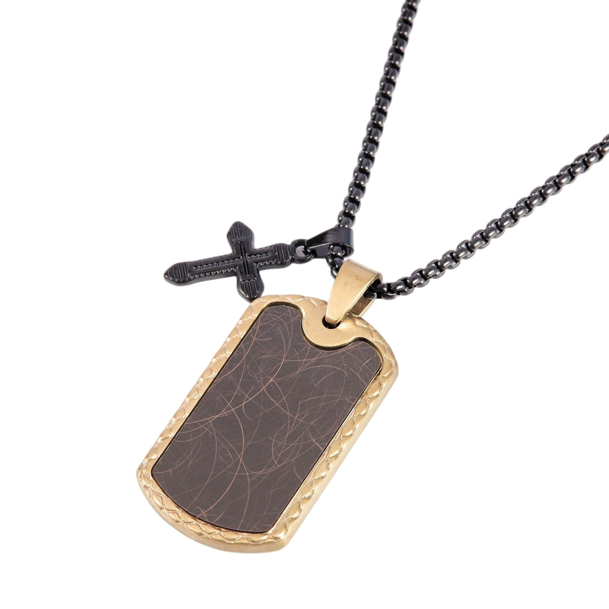 Gold Bezel Dogtag With Hanging Black Cross Necklace