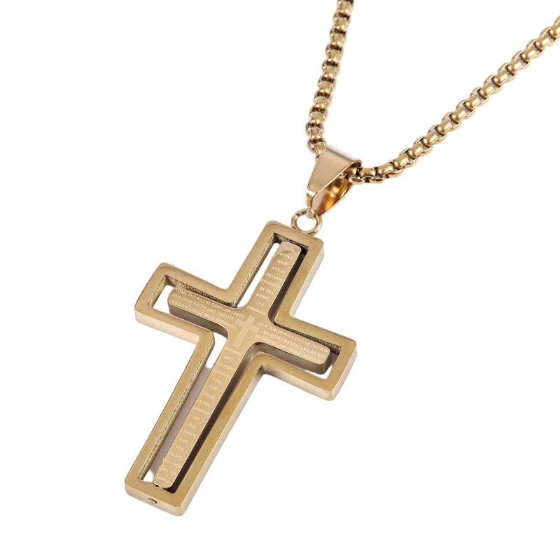 Gold Plated Lords Prayer Rotated Cross Necklace