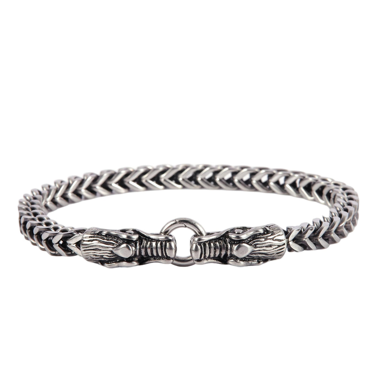 Stainless Steel Silver Tone Double Dragon Head Wheat Chain Bracelet