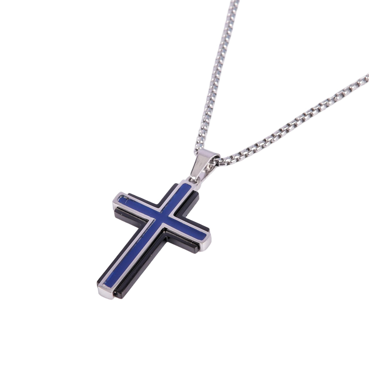 Black Blue and Steel Cross Pendant Necklace