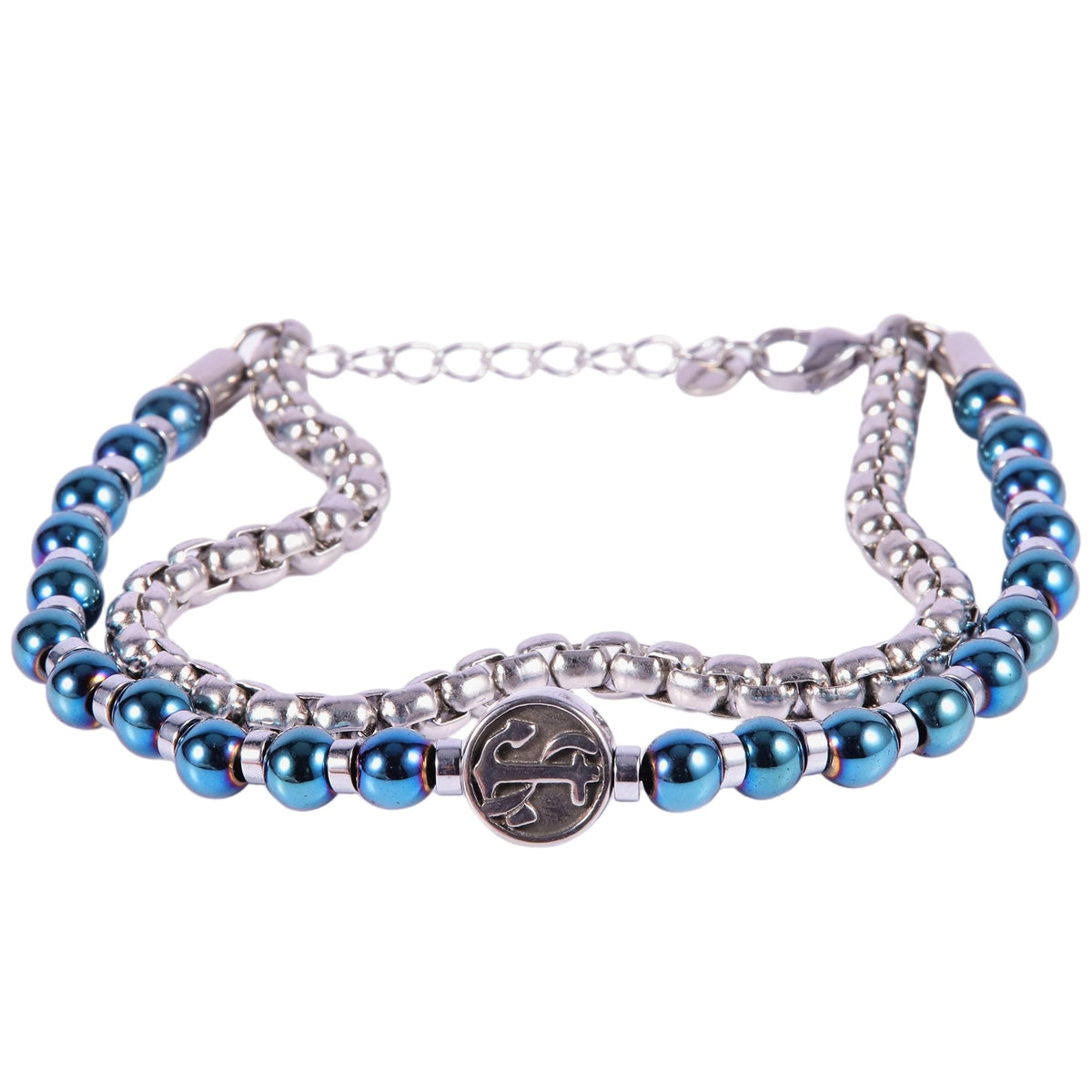Stainless Steel Silver Tone Blue Bead Link Chain Bracelet