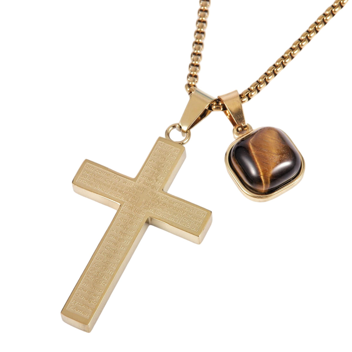 Lords Prayer and Amber Square Cross Necklace