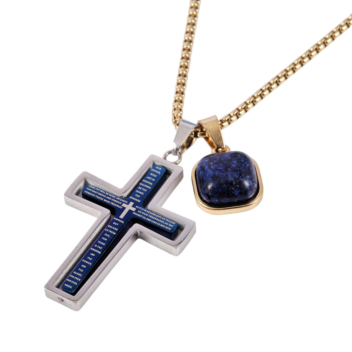 Rotating Lords Prayer Cross With Lapis Necklace