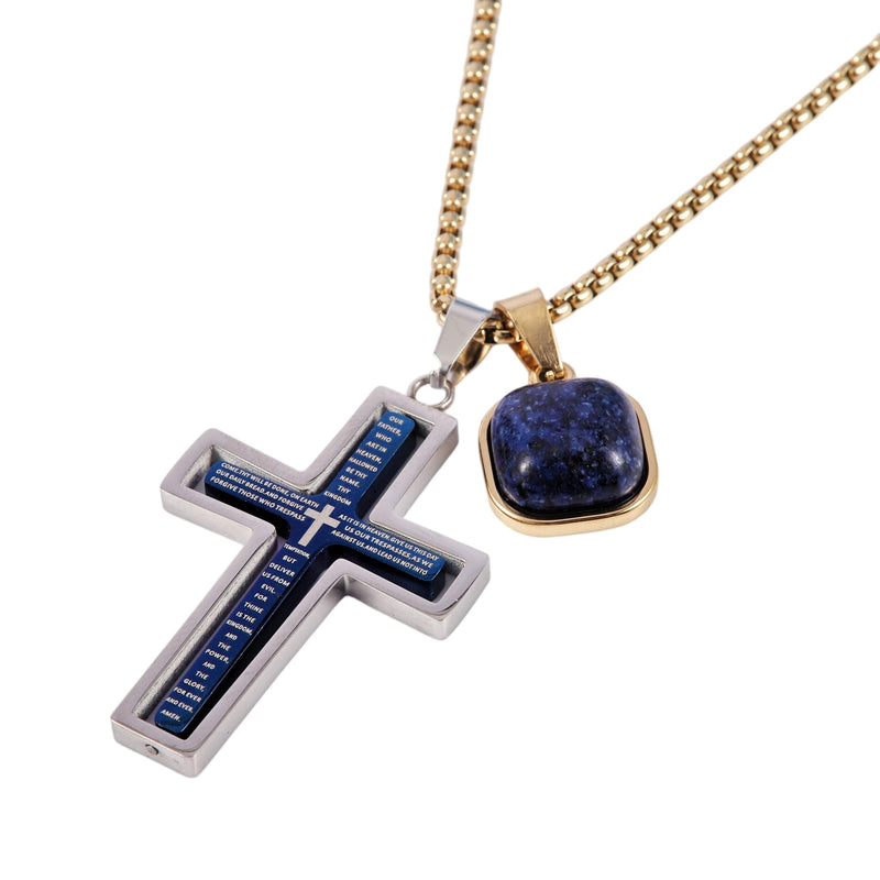 Rotating Lords Prayer Cross With Lapis Necklace