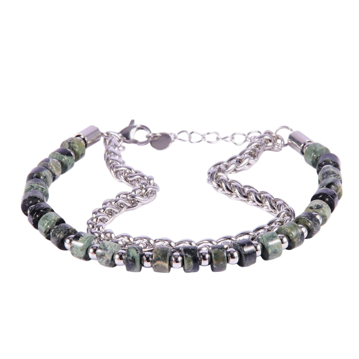 Stainless Steel Silver Tone Green Jasper Bead Wheat Chain Bracelet