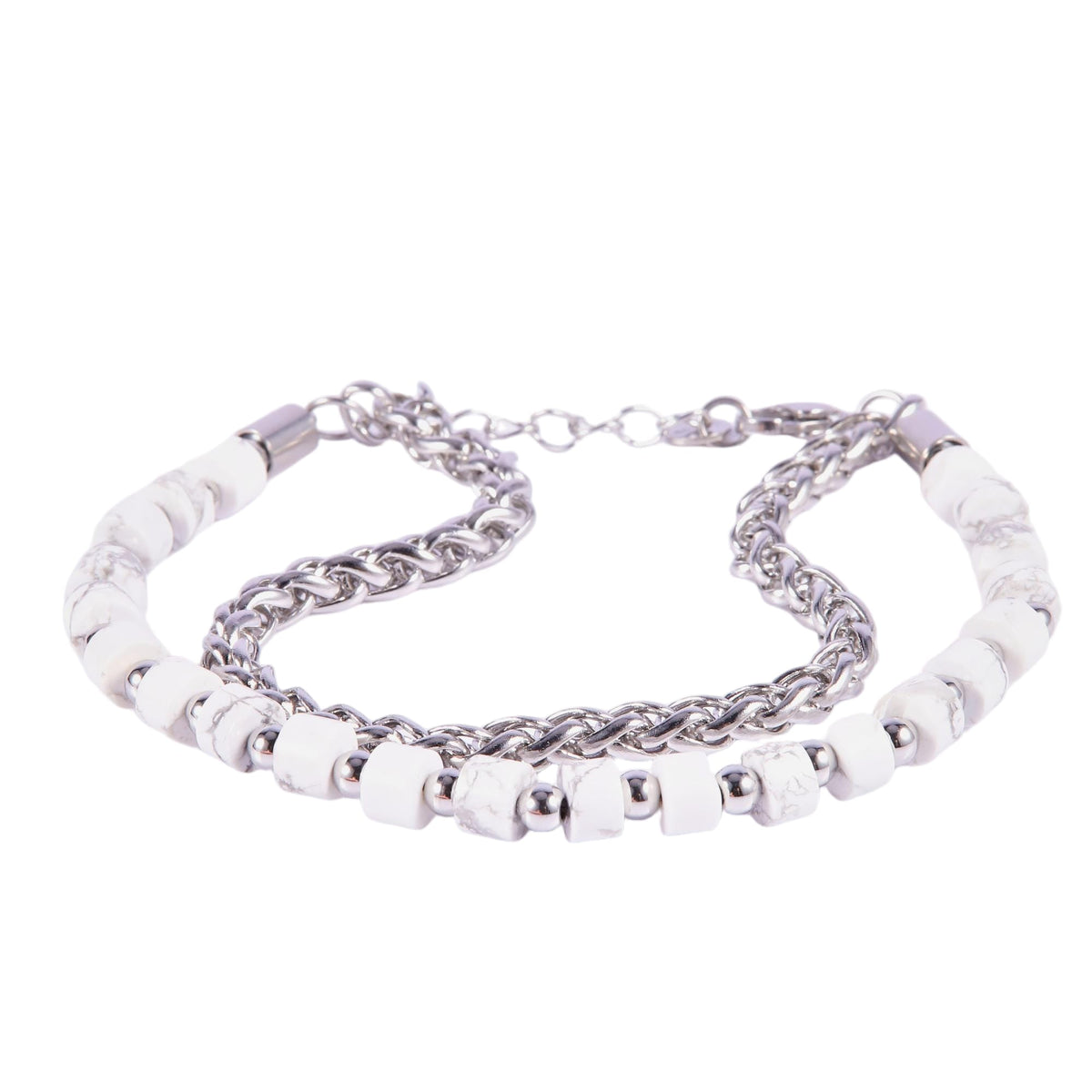 Stainless Steel Silver Tone Dual Layer White Bead Curb Chain Bracelet