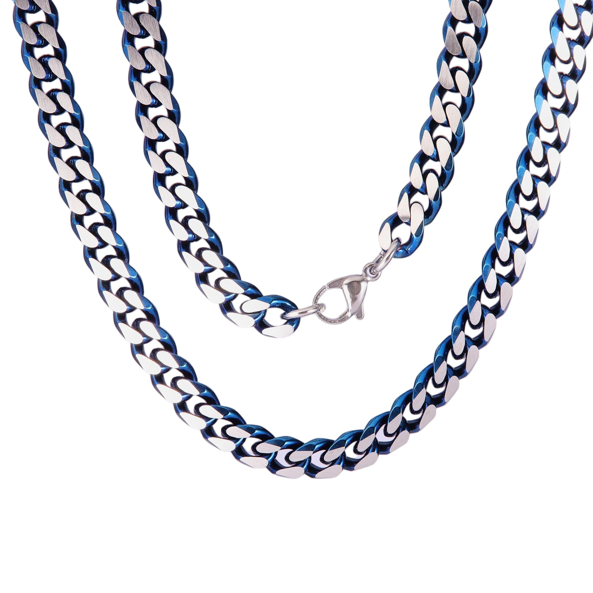 Stainless Steel Silver Tone Blue Ion Plated Curb Chain Necklace